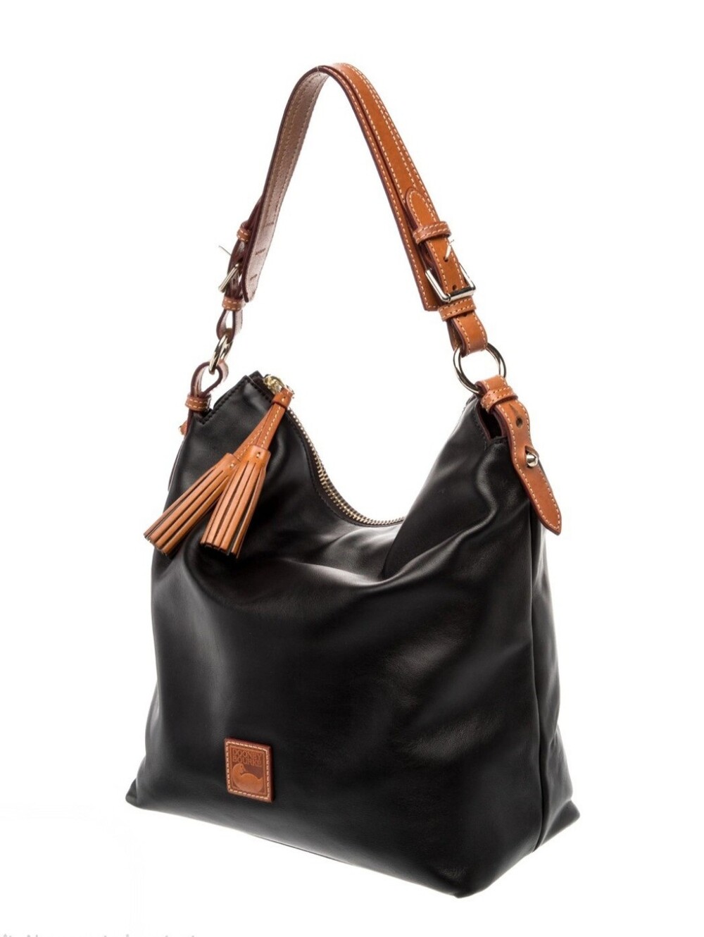 Dooney & Bourke Black Leather Shoulder Bag with Tan Trim and Tassel